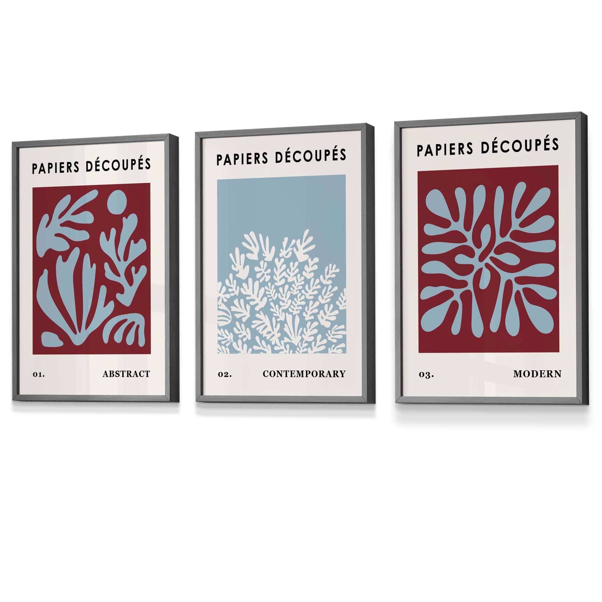 Matisse Floral Set of 3 FRAMED Wall Art Prints in Purple and Blue with Ivory Henri Matisse Cutouts Mid Century Modern