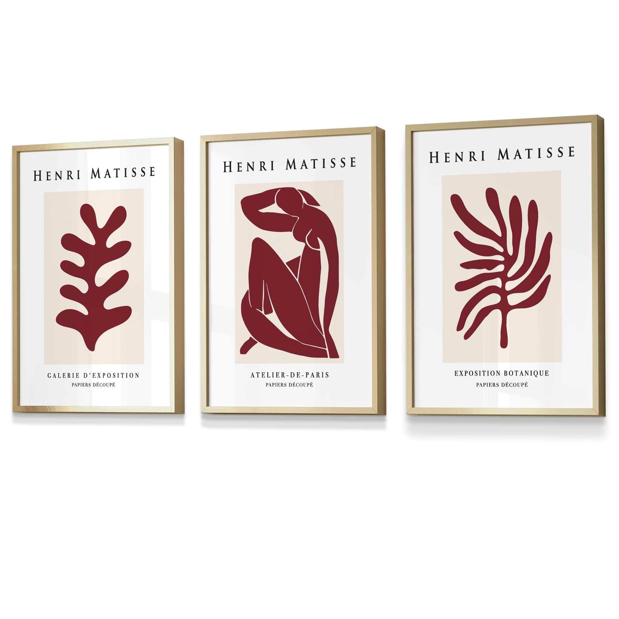Matisse Floral and Nude Set of 3 FRAMED Wall Art Prints in Red and Beige Henri Matisse Cutouts Mid Century Modern
