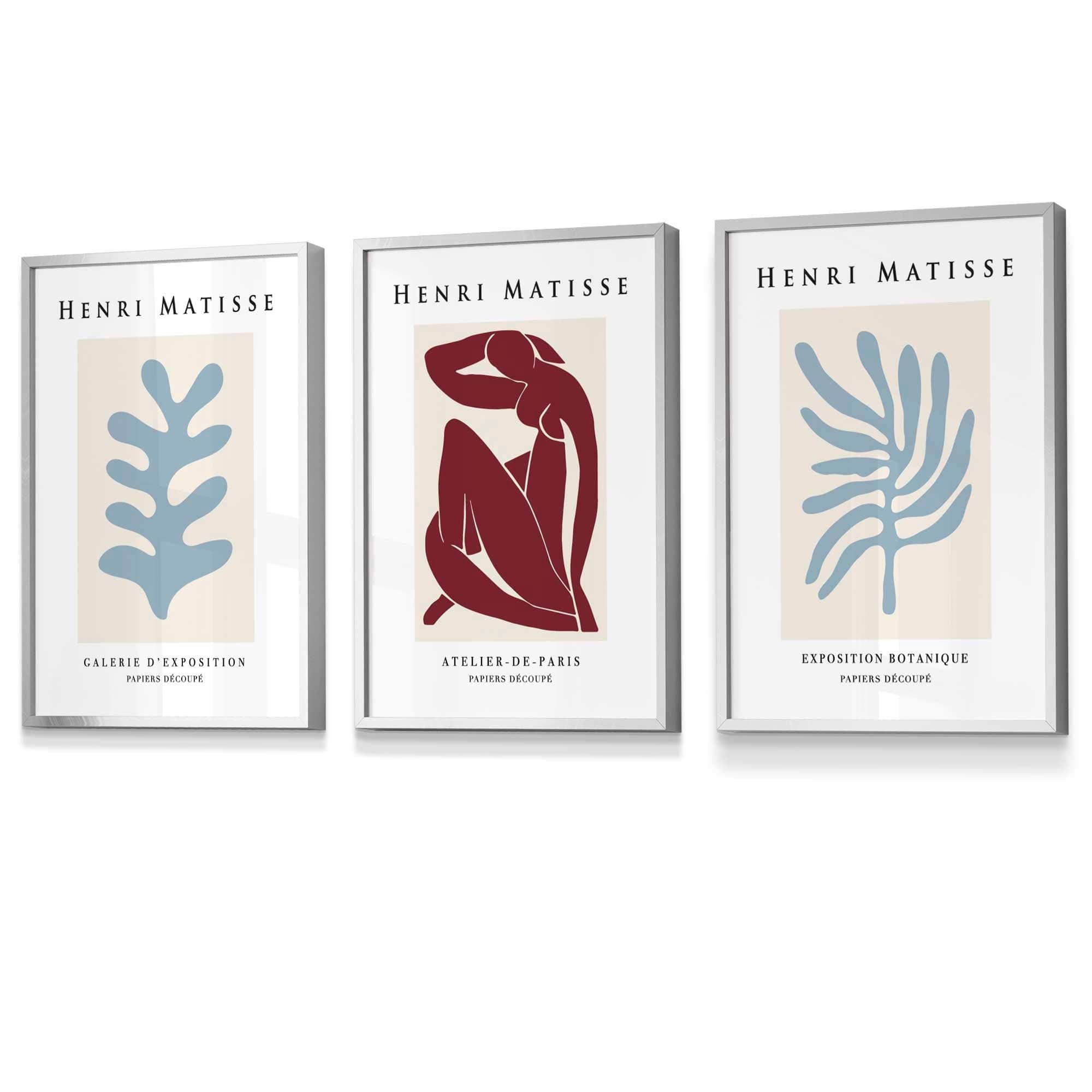 Matisse Floral and Nude Set of 3 FRAMED Wall Art Prints in Red and Light Blue Henri Matisse Cutouts Mid Century Modern