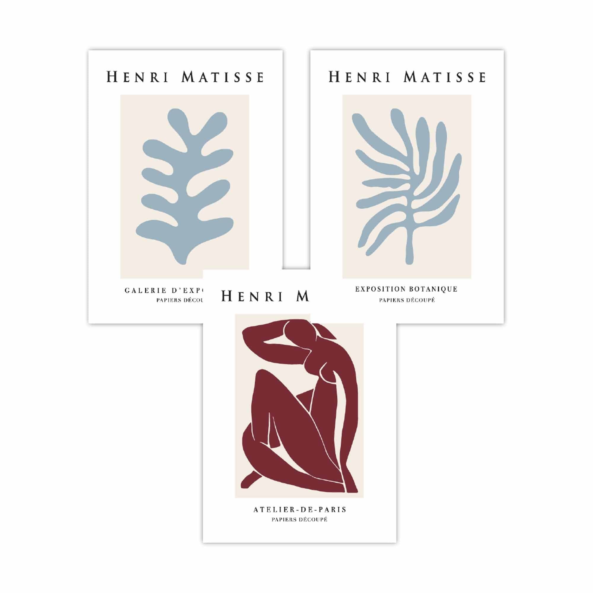 Matisse Floral and Nude Set of 3 FRAMED Wall Art Prints in Red and Light Blue Henri Matisse Cutouts Mid Century Modern