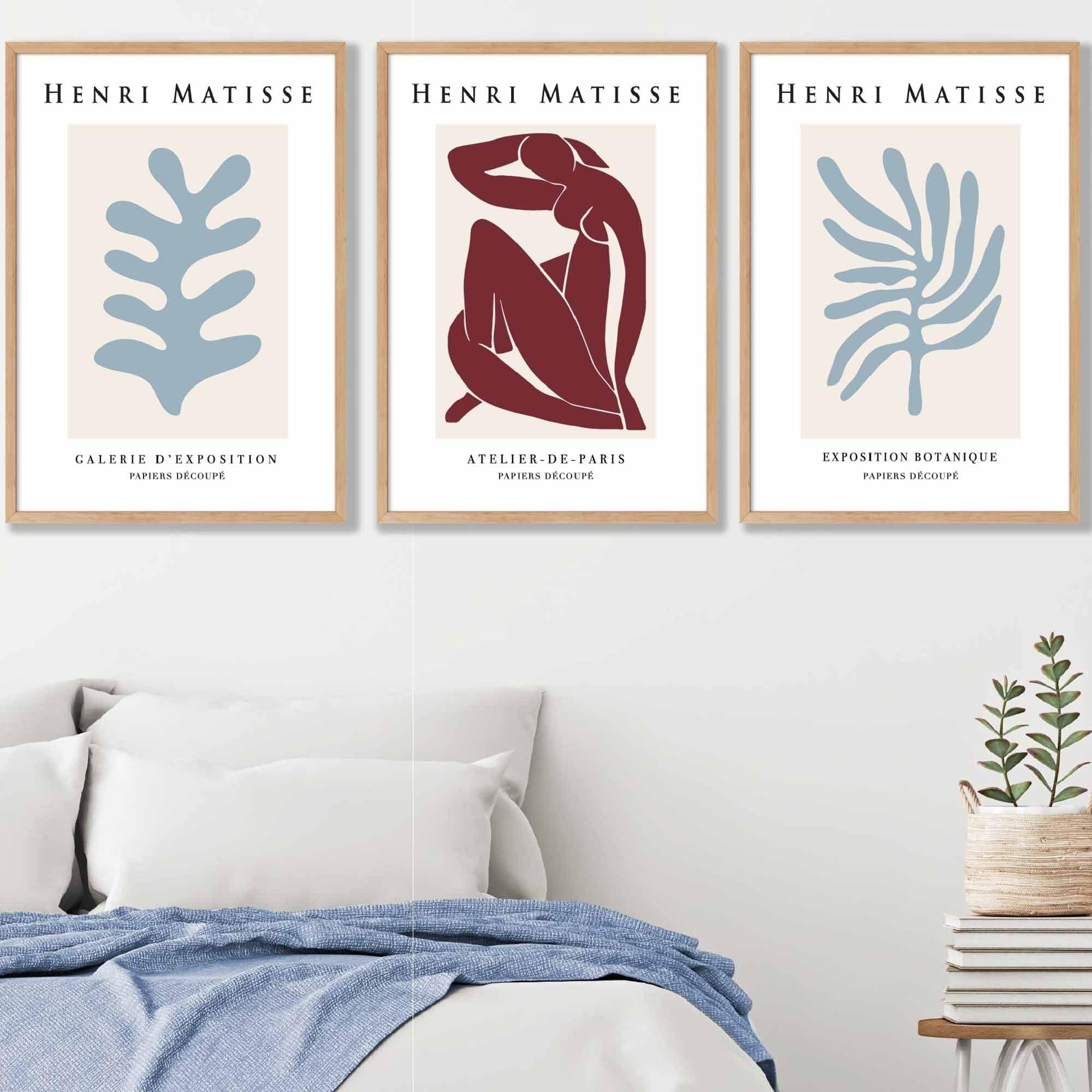 Matisse Floral and Nude Set of 3 FRAMED Wall Art Prints in Red and Light Blue Henri Matisse Cutouts Mid Century Modern | Artze Wall Art UK
