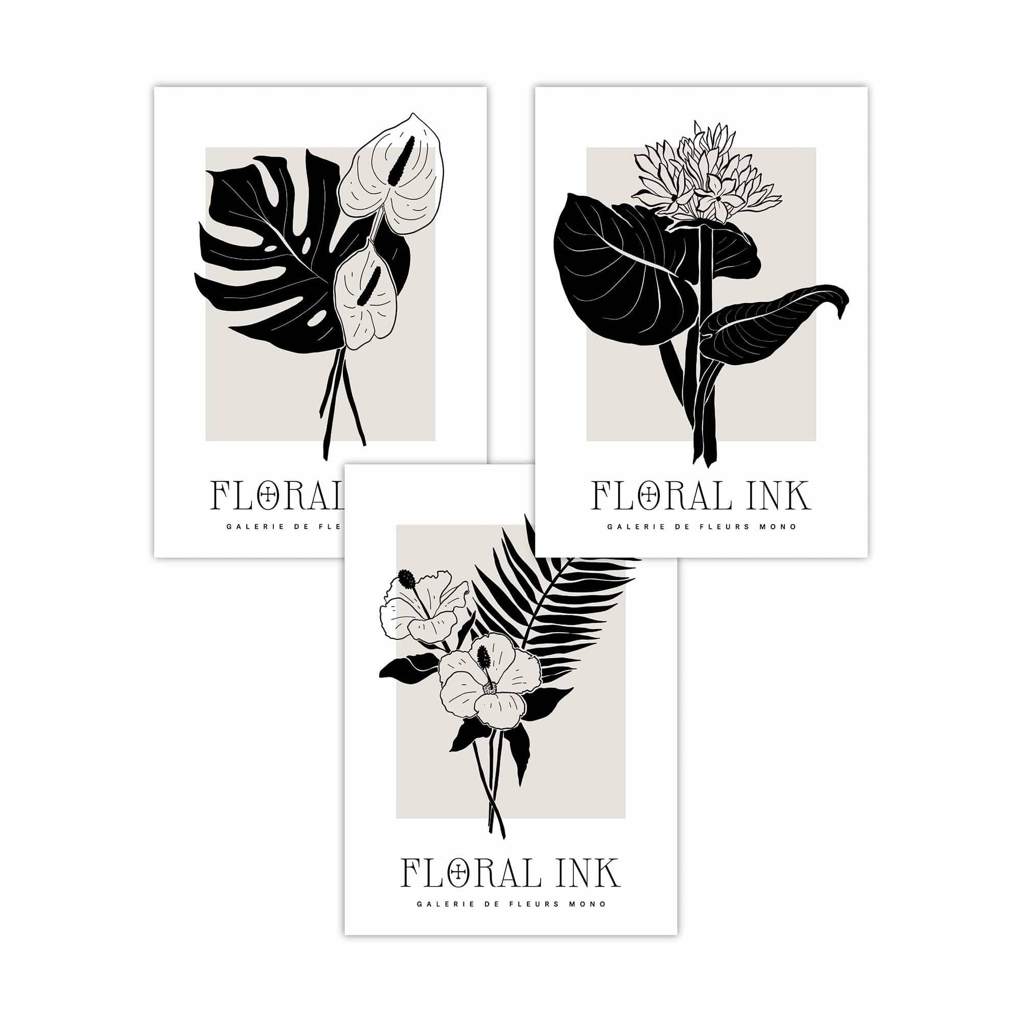 Framed Set of 3 Floral Sketch Ink Botanical Leaves in Black and Beige | Artze Wall Art UK