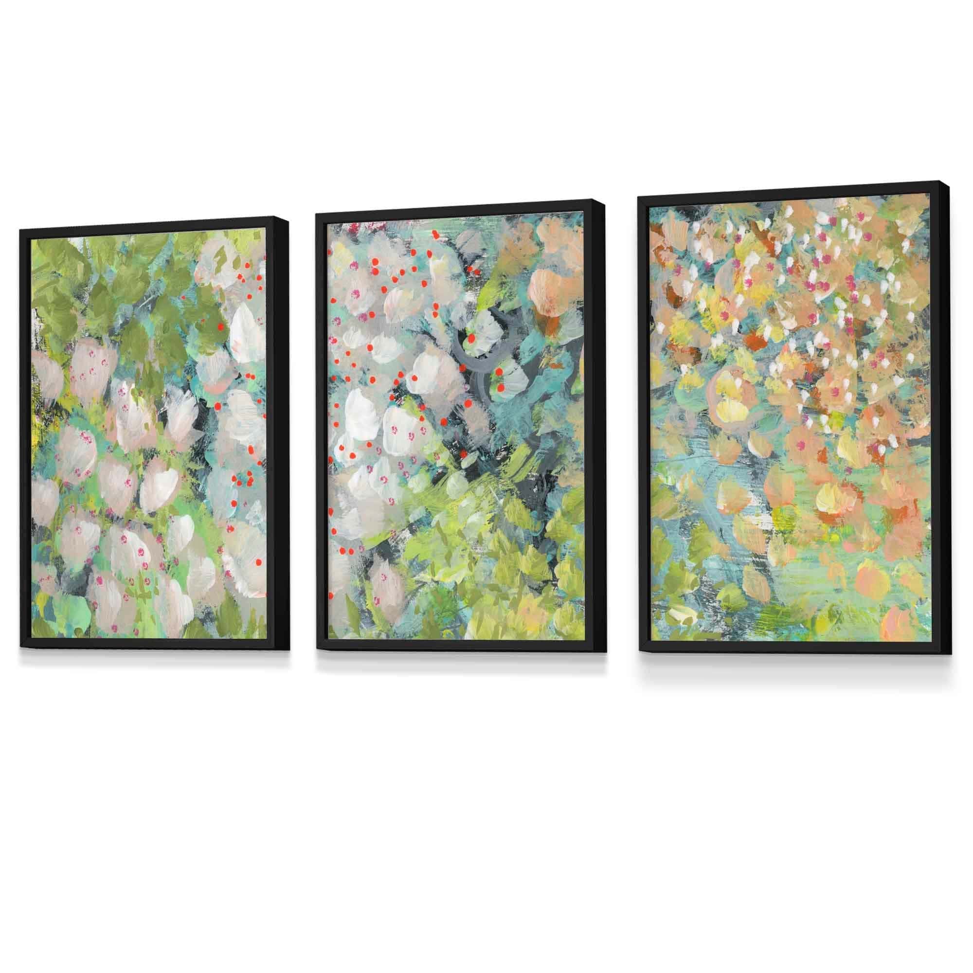 Set of 3 Framed Abstract Cottage Garden Flowers in Green Wall Art Prints | Artze Wall Art UK