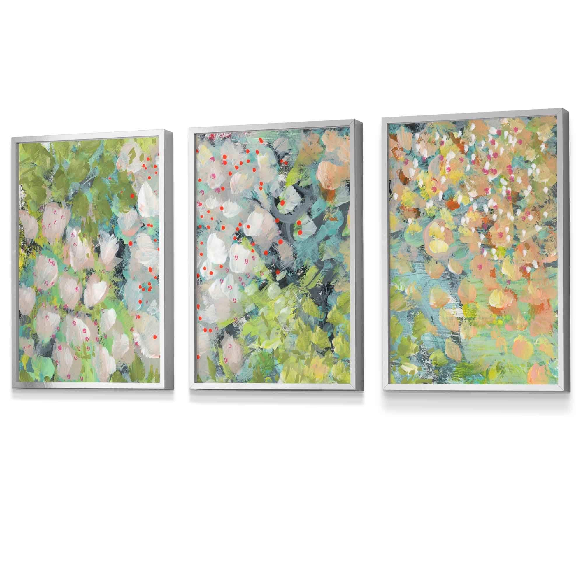 Set of 3 Abstract Cottage Garden Flowers in Green Wall Art Prints FRAMED Floral Art Prints / Posters