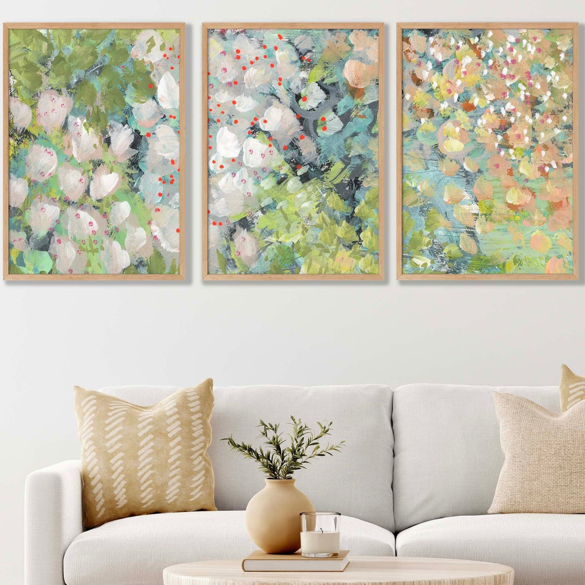 Set Of 3 Framed Abstract Cottage Garden Flowers In Green Wall Art Prin 