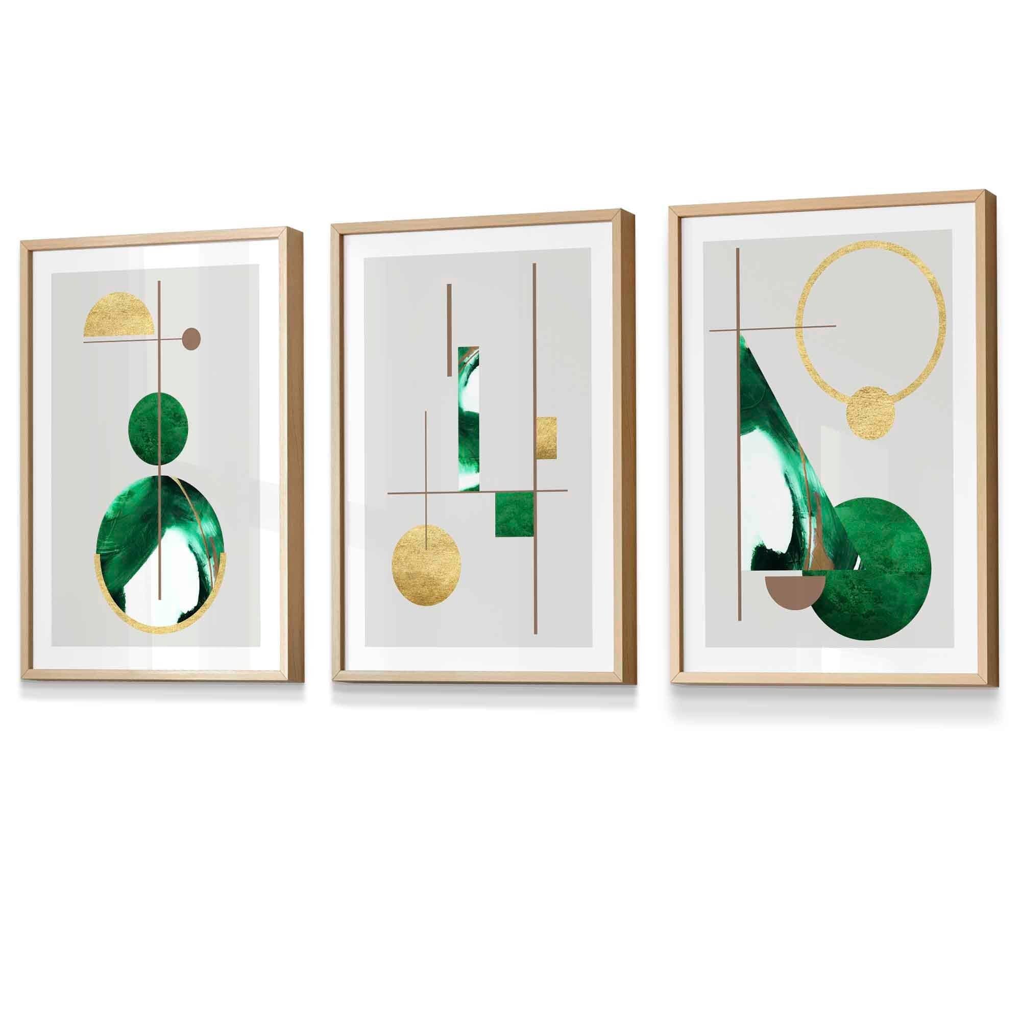 Abstract Textured Geometric Mid Century Modern FRAMED Art in Green and Gold | Artze Wall Art UK