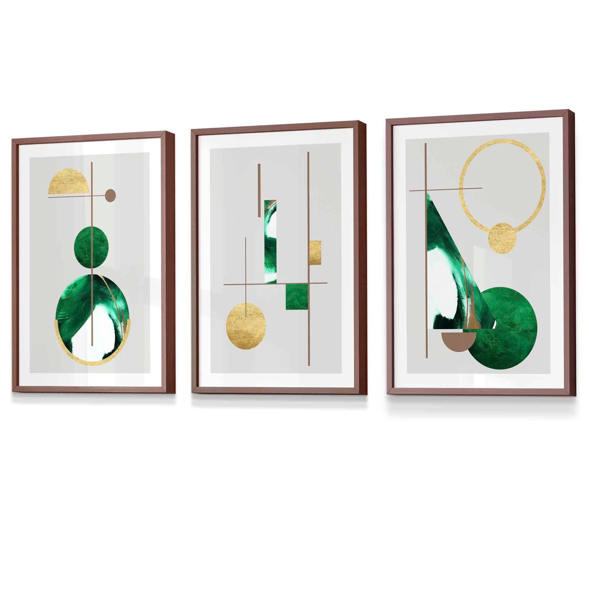 Abstract Textured Geometric Mid Century Modern FRAMED Art in Green and Gold | Artze Wall Art UK