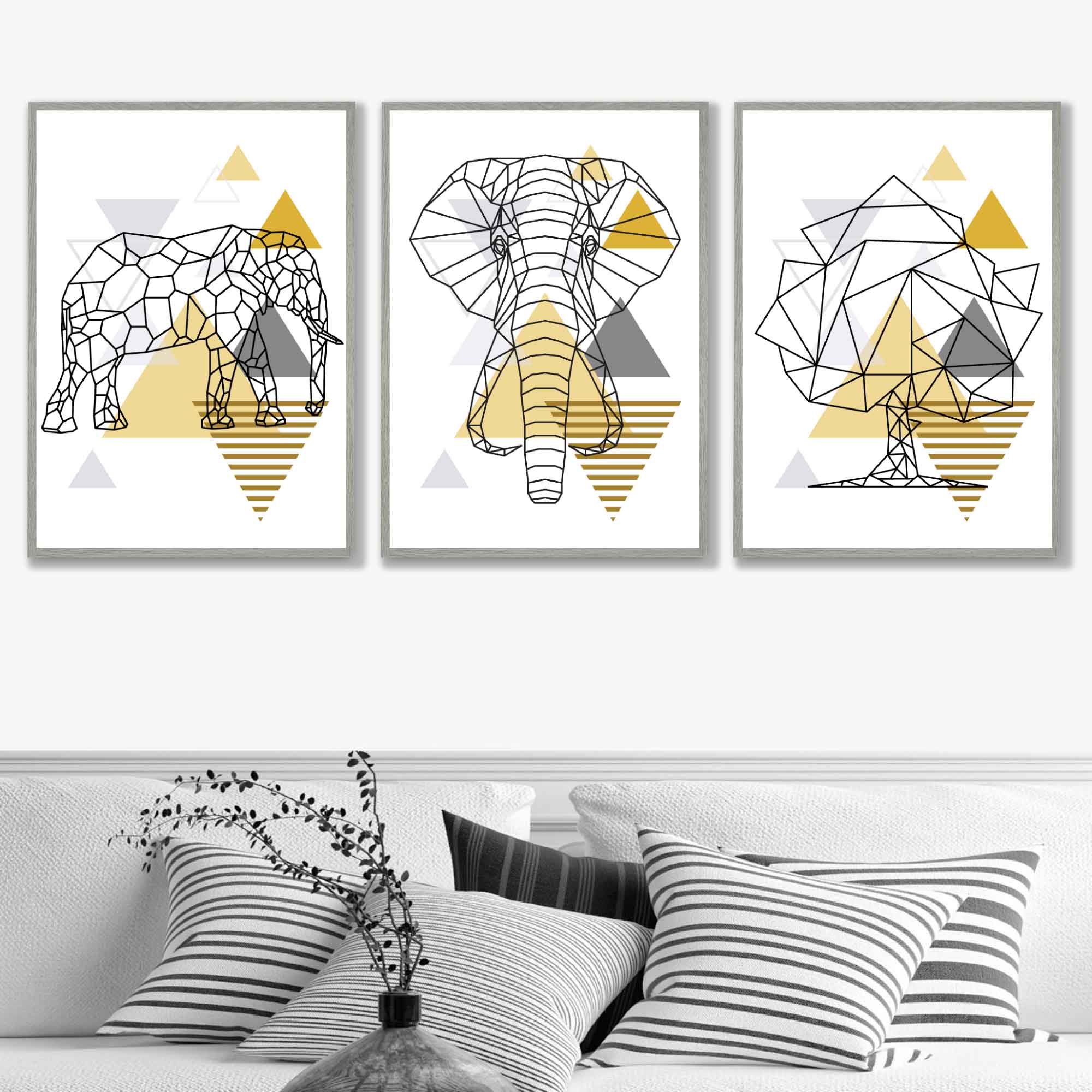 Set of 3 Scandinavian GEOMETRIC YELLOW & Grey ELEPHANT and Tree Art Prints