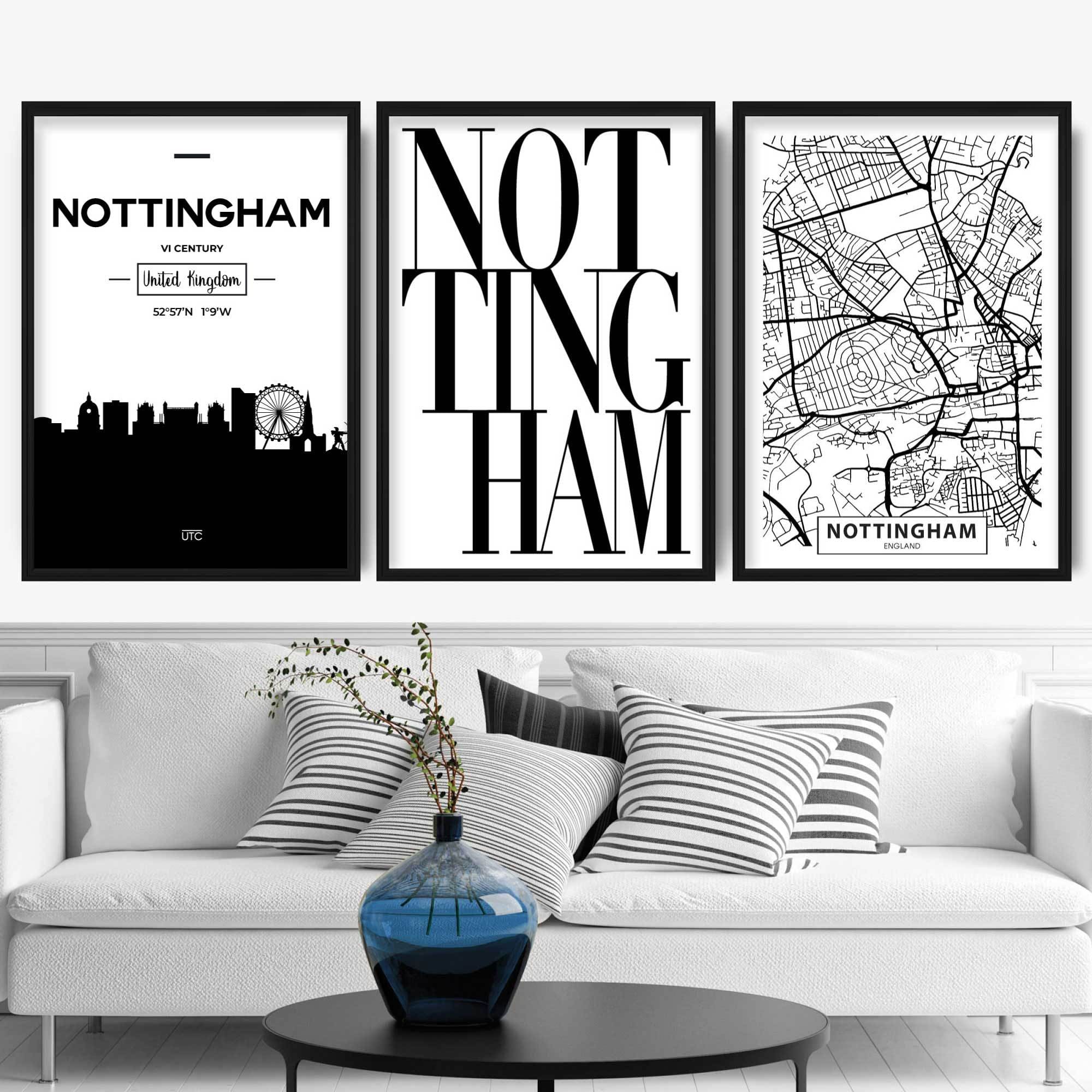 Set of 3 NOTTINGHAM Skyline Street map City Prints