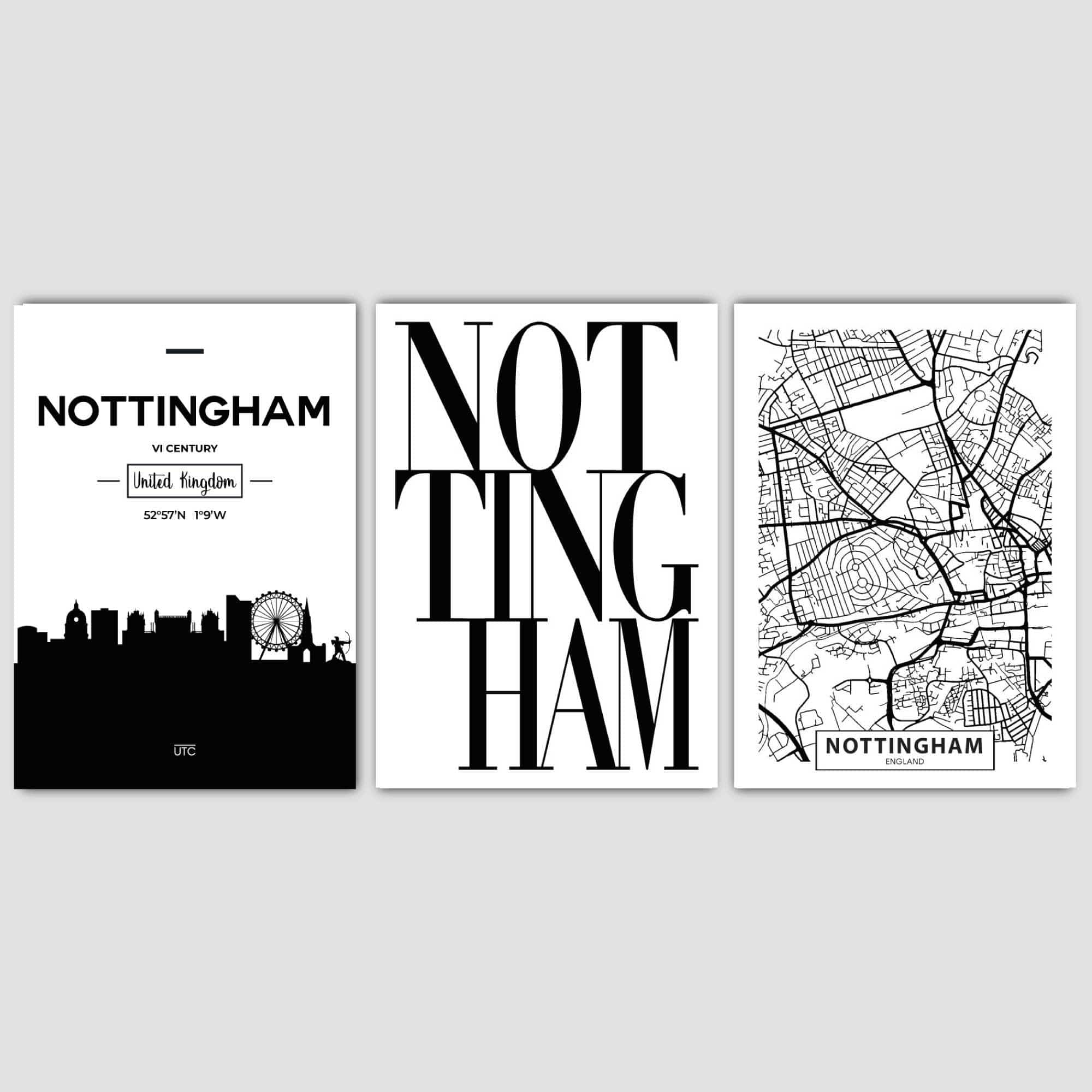 Set of 3 NOTTINGHAM Skyline Street map City Prints
