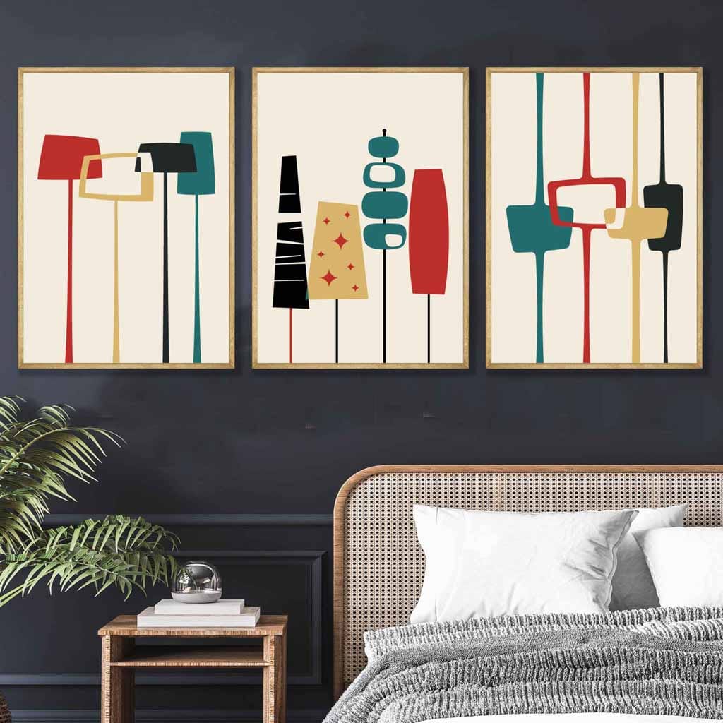 Mid Century Modern Set of 3 Wall Art Prints in Teal Red Yellow