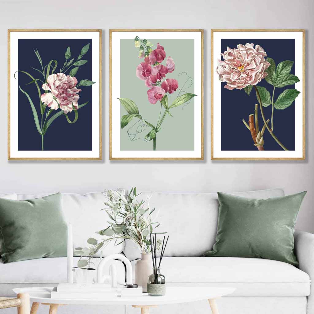 Vintage Flowers Navy Blue and Sage Green Set of 3 Wall Art Prints