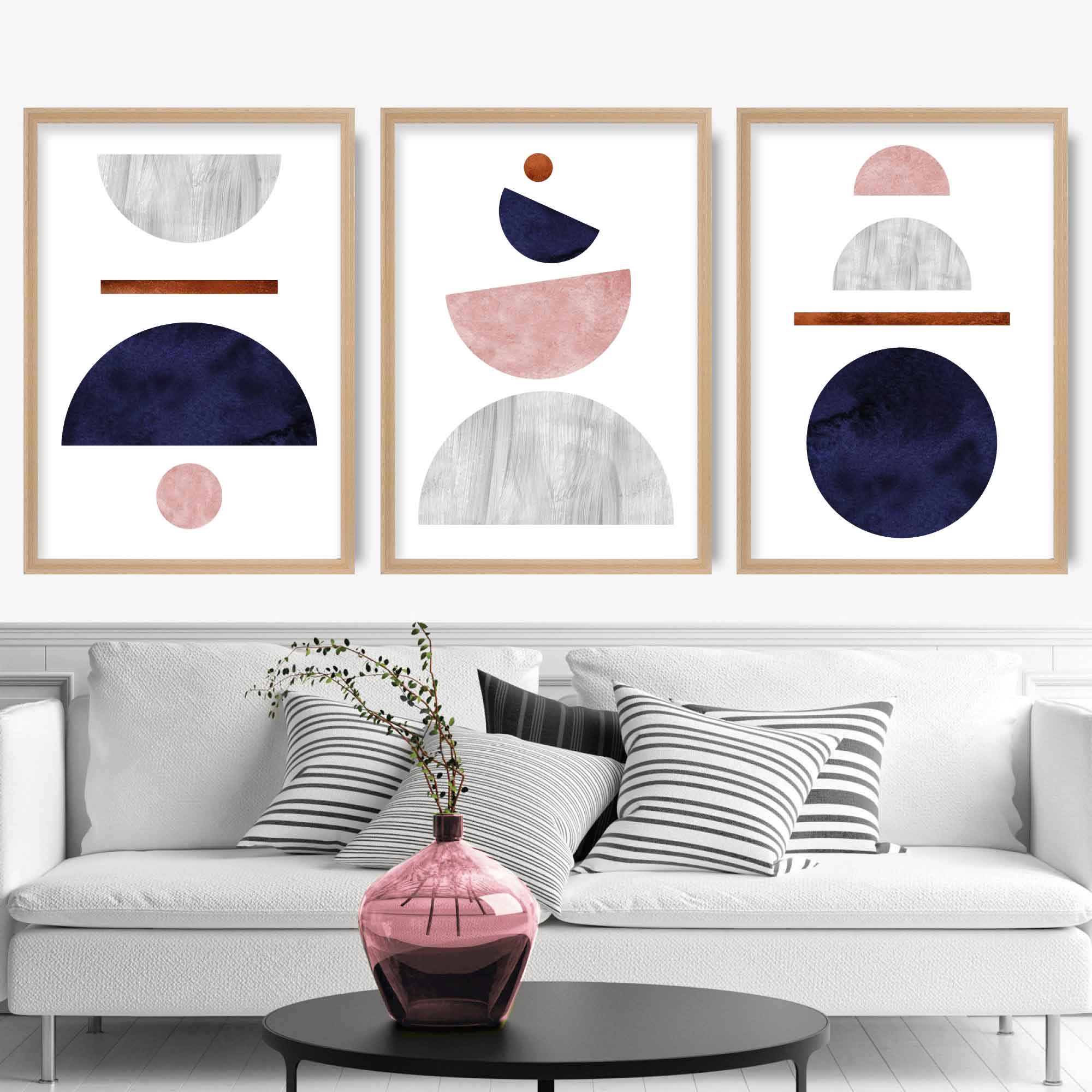 Geometric Abstract Navy Blue, Blush Pink and Copper No 3