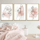 One Line Set of 3 Fashion Faces Wall Art Prints in Pink and Ivory