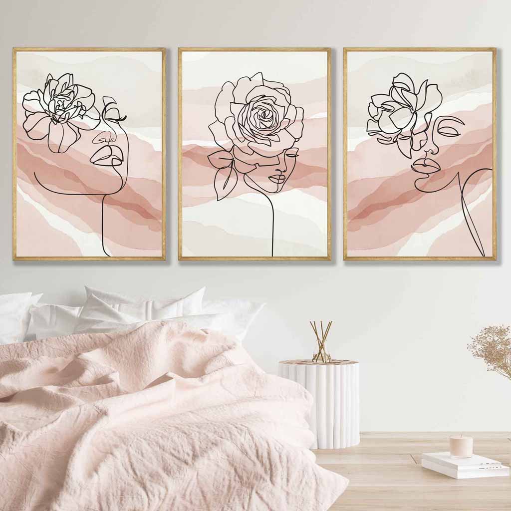 Set of 3 Line Art Floral Faces on Pink and Beige Watercolour Art Posters