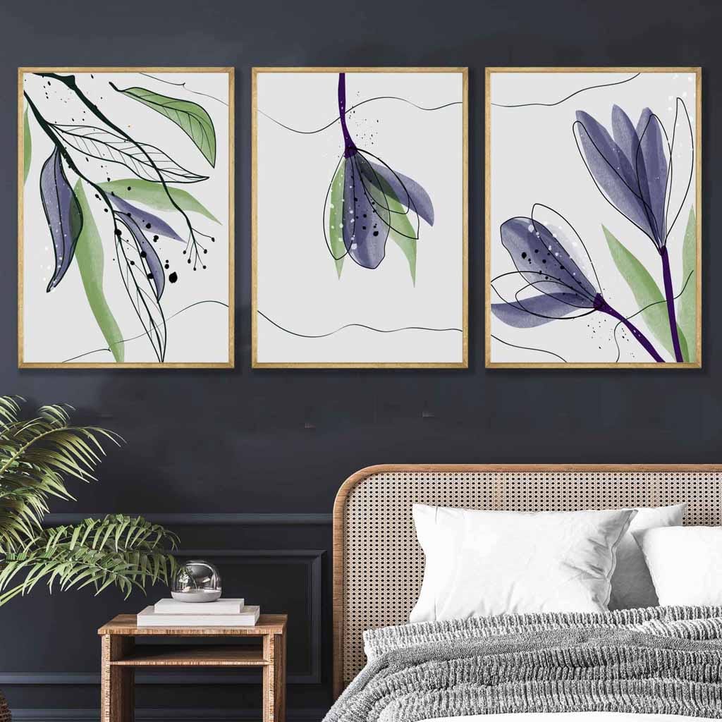 Set of 3 Line Art and Watercolour Spring Crocus Floral Art Prints