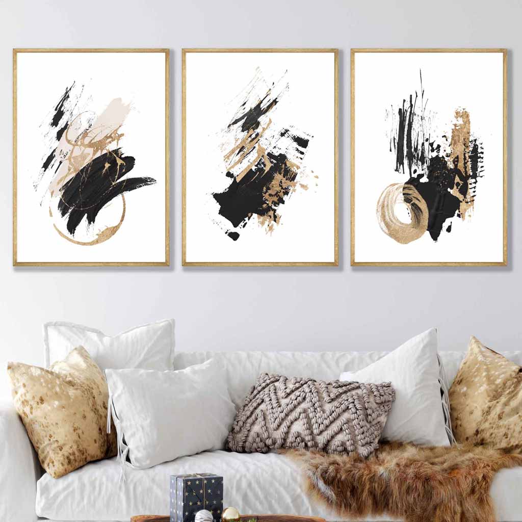 Set of 3 Abstract Wall Art Prints from Oil Paintings Black and Gold
