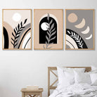 Boho Abstract Set of 3 Wall Art Prints in Black Beige and Grey