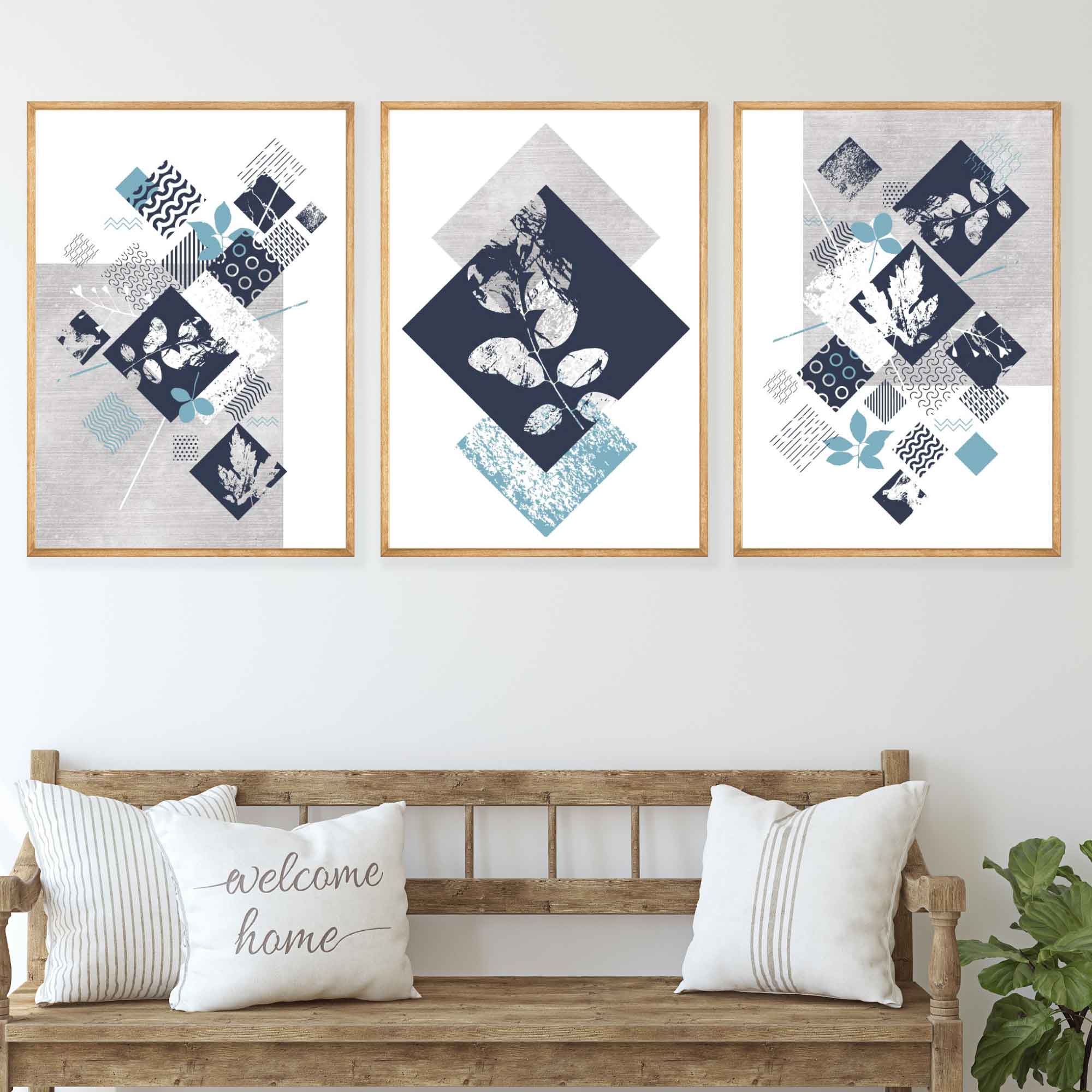 BOTANICAL Set of 3 Abstract GEOMETRIC Navy Blue and Aqua Floral Prints