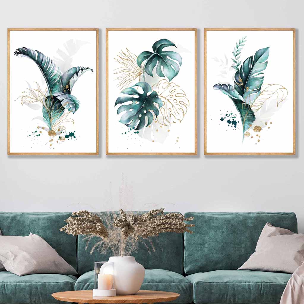 Teal Blue and Gold Botanical Set of 3 Floral Wall Art Prints