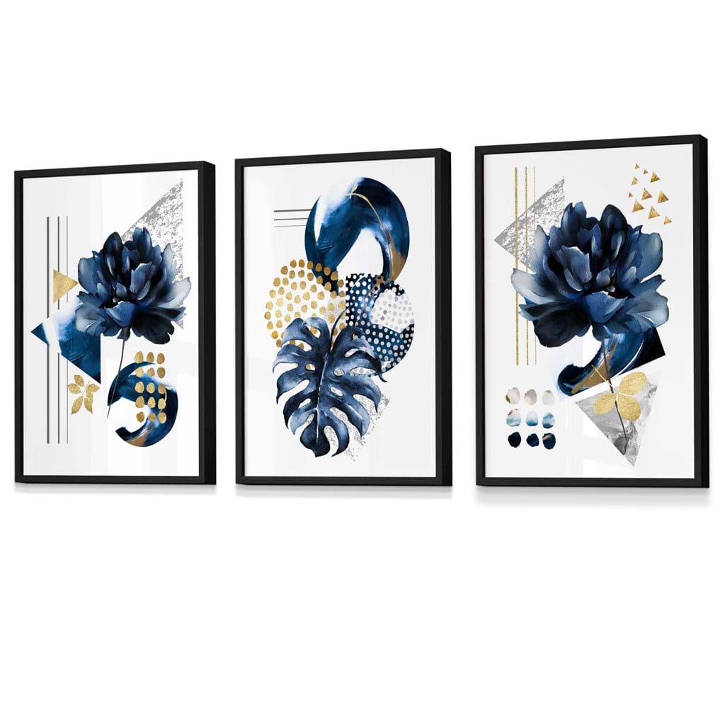 Abstract Navy and Gold Botanical Set of 3 Framed Wall Art Prints ...