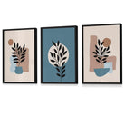 Botanical Set of 3 Boho Framed Wall Art Prints in Blue | Cream | Artze Wall Art UK
