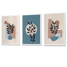 Botanical Set of 3 Boho Framed Wall Art Prints in Blue | Cream | Artze Wall Art UK