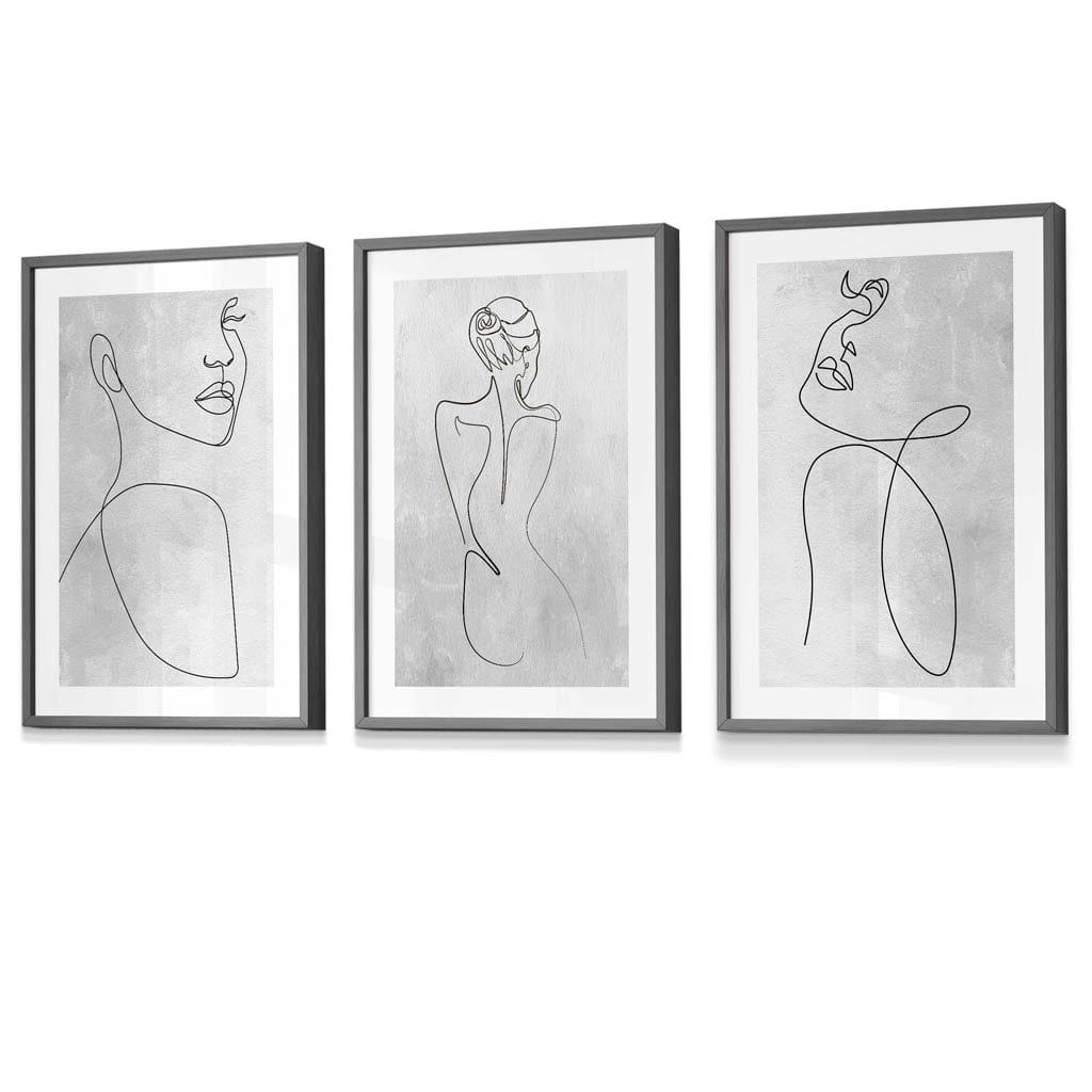 Abstract Line Art Female Grey Wall Art Set of 3 Framed Prints | Artze Wall Art UK