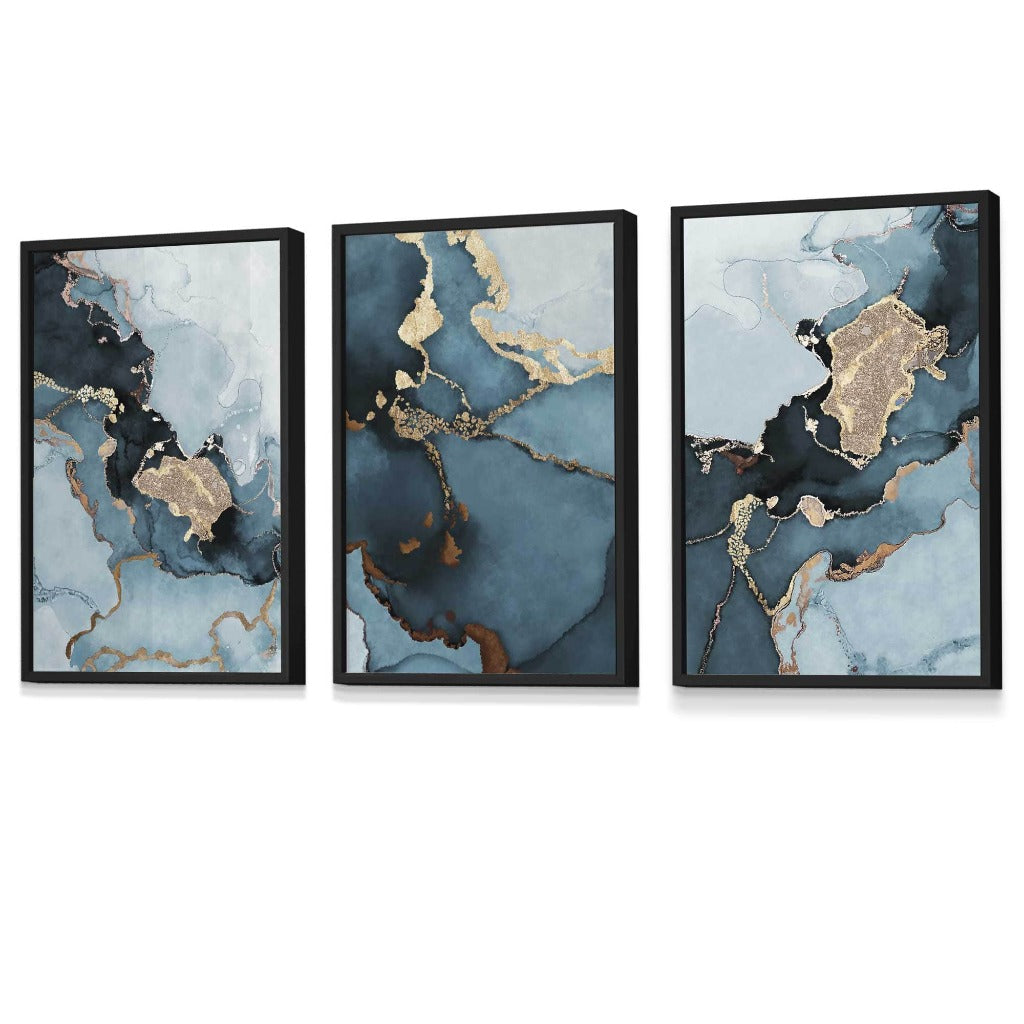 Teal and Gold Abstract Marble Wall Art prints with Black Frames