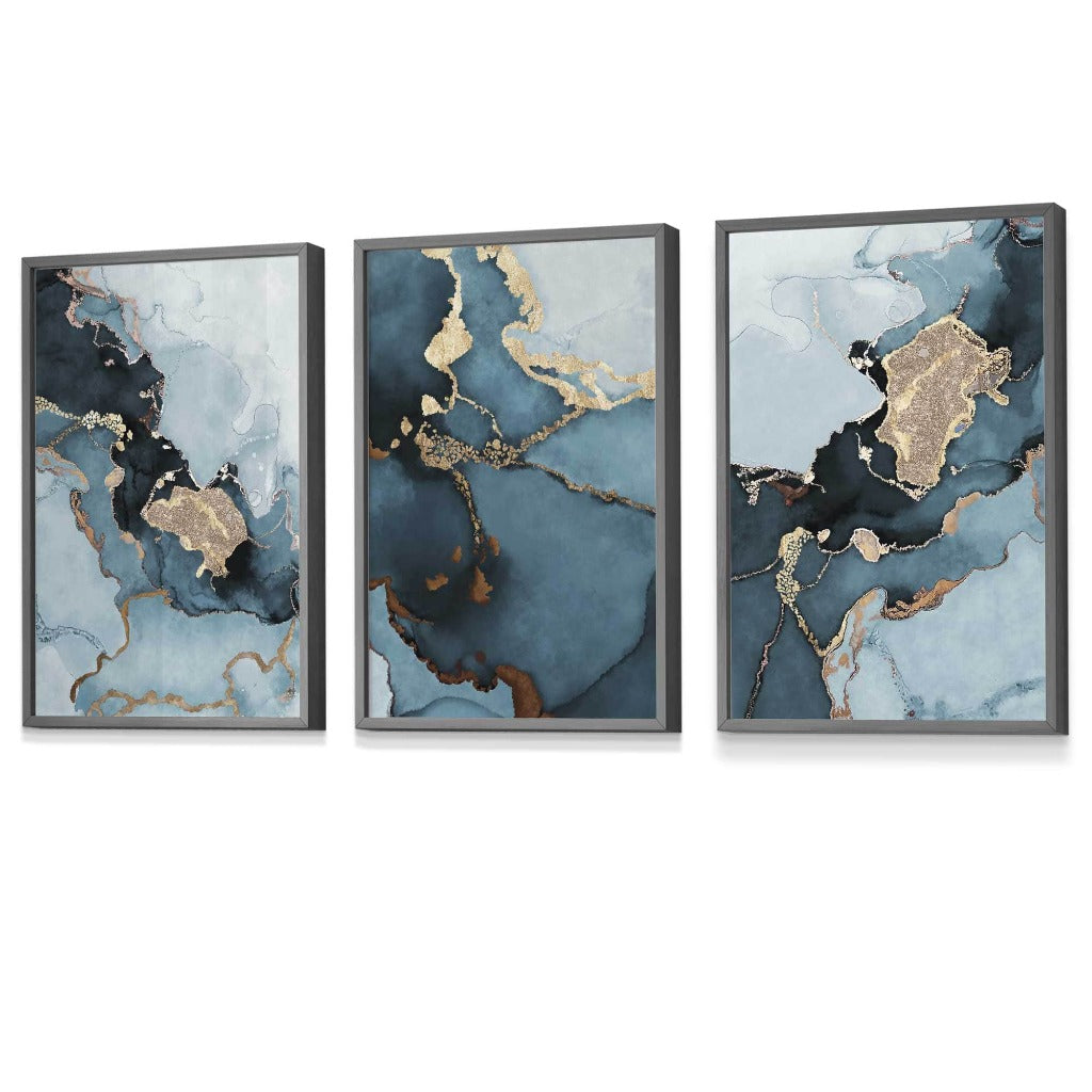 Teal and Gold Abstract Marble Wall Art prints with Dark Grey Frames