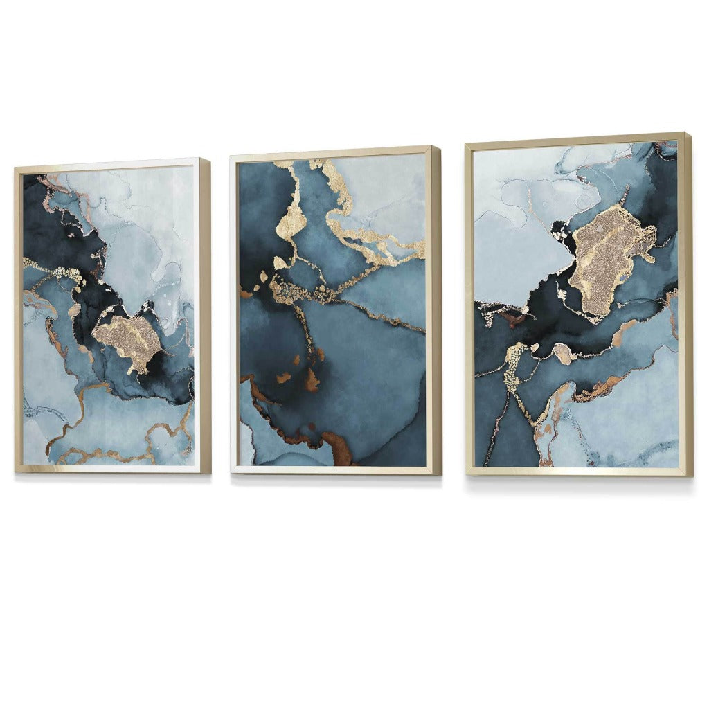 Teal and Gold Abstract Marble Wall Art prints with Gold Frames