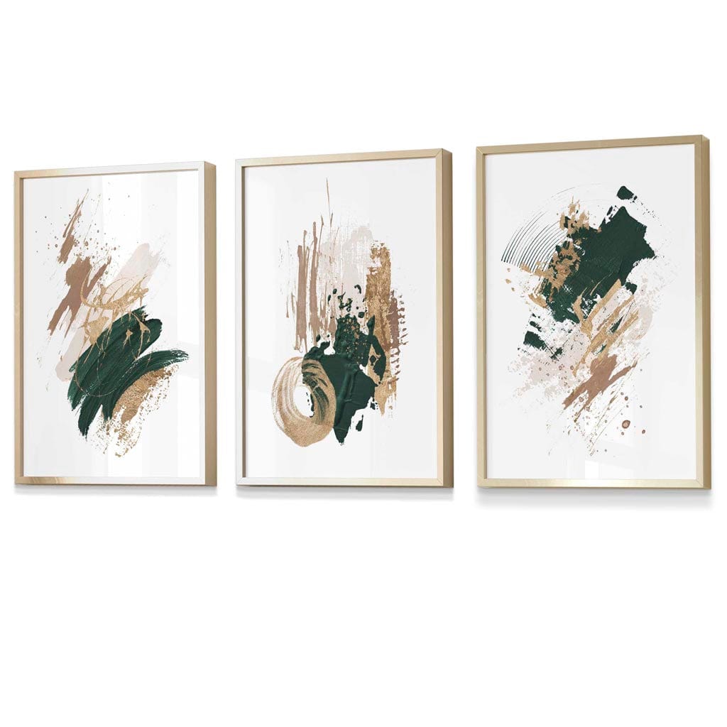 Set of 3 Green, Beige and Gold Prints of Abstract Oil Paintings Wall Art Prints / Framed | Artze Wall Art UK