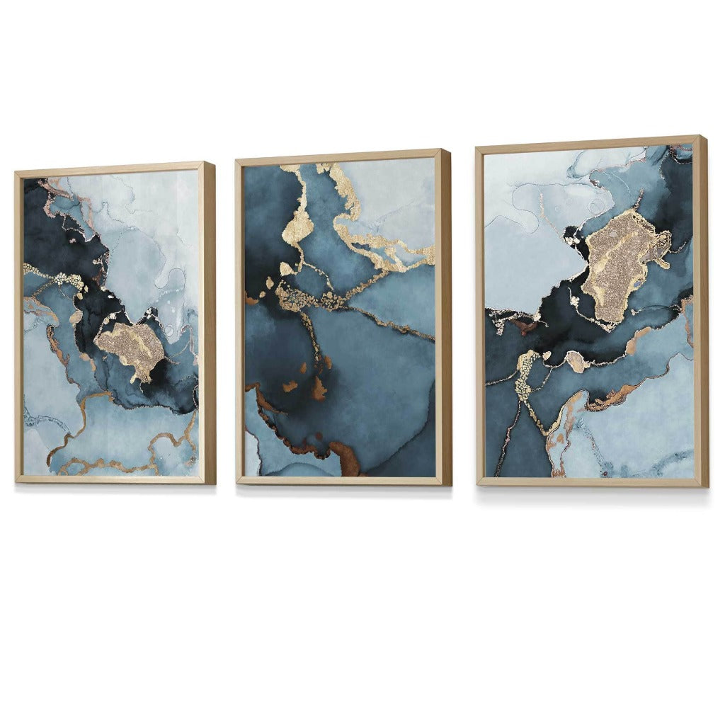Set of 3 Abstract Teal Blue and Gold Framed Wall Art Prints | Artze Wall Art UK