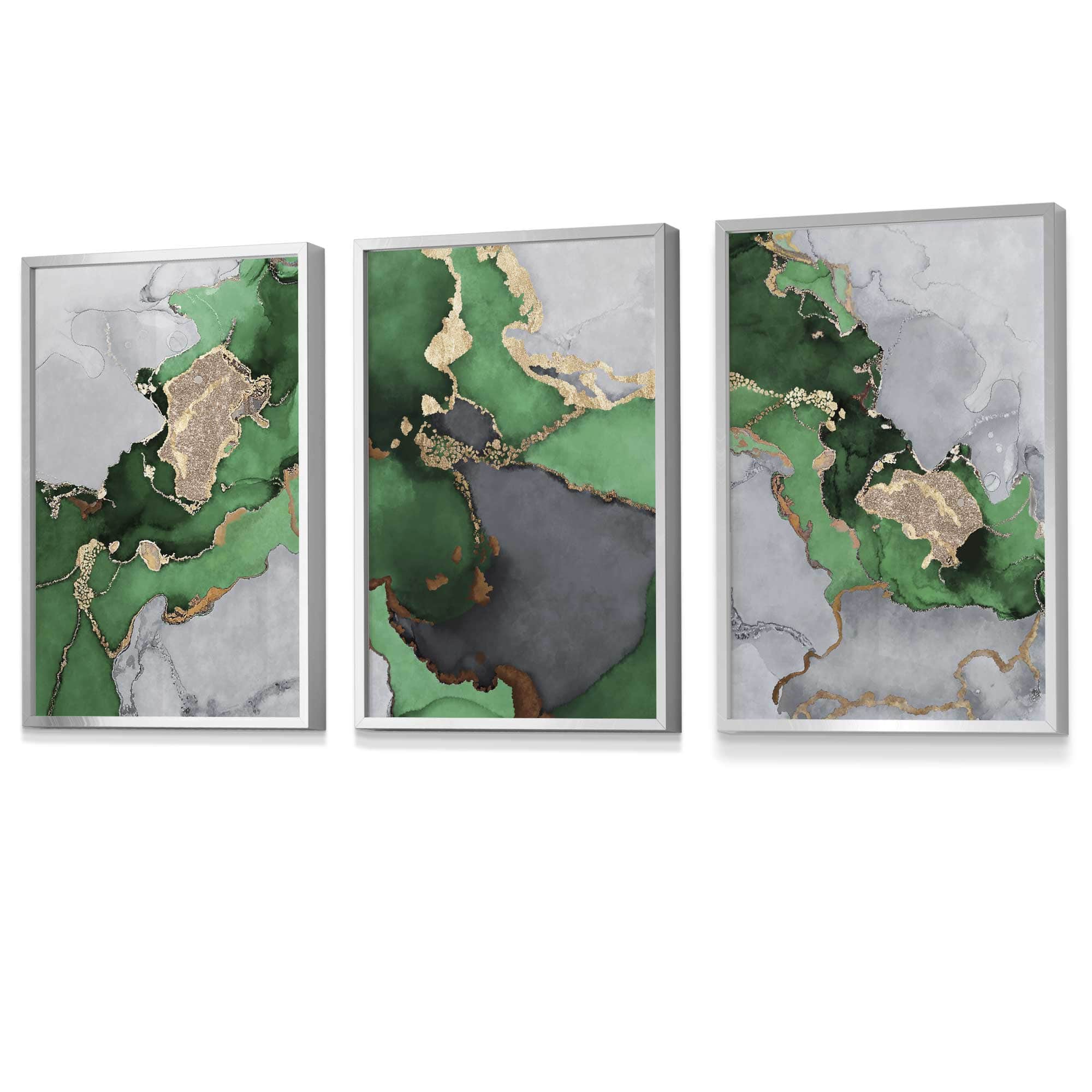 Framed Set of 3 Abstract Art Prints of Paintings Green Grey and Gold | Artze Wall Art UK
