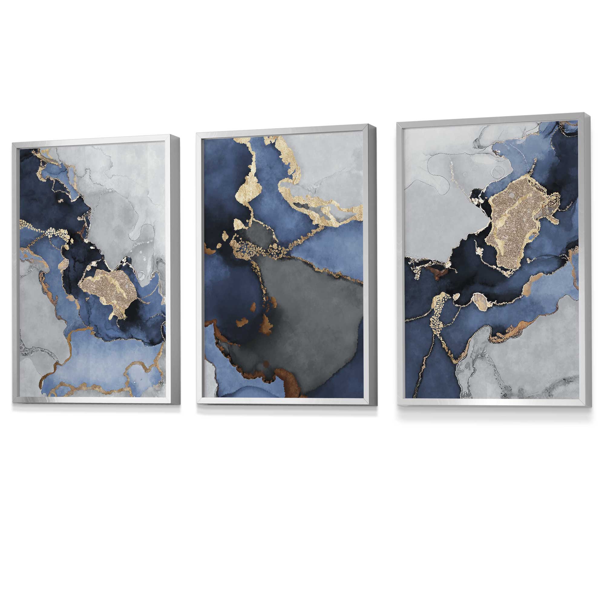 Framed Set of 3 Navy and Silver Abstract Art Prints | Artze Wall Art UK