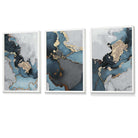 Set of 3 Abstract Art Framed / Prints of Paintings Teal Blue Grey and Gold | Artze Wall Art UK