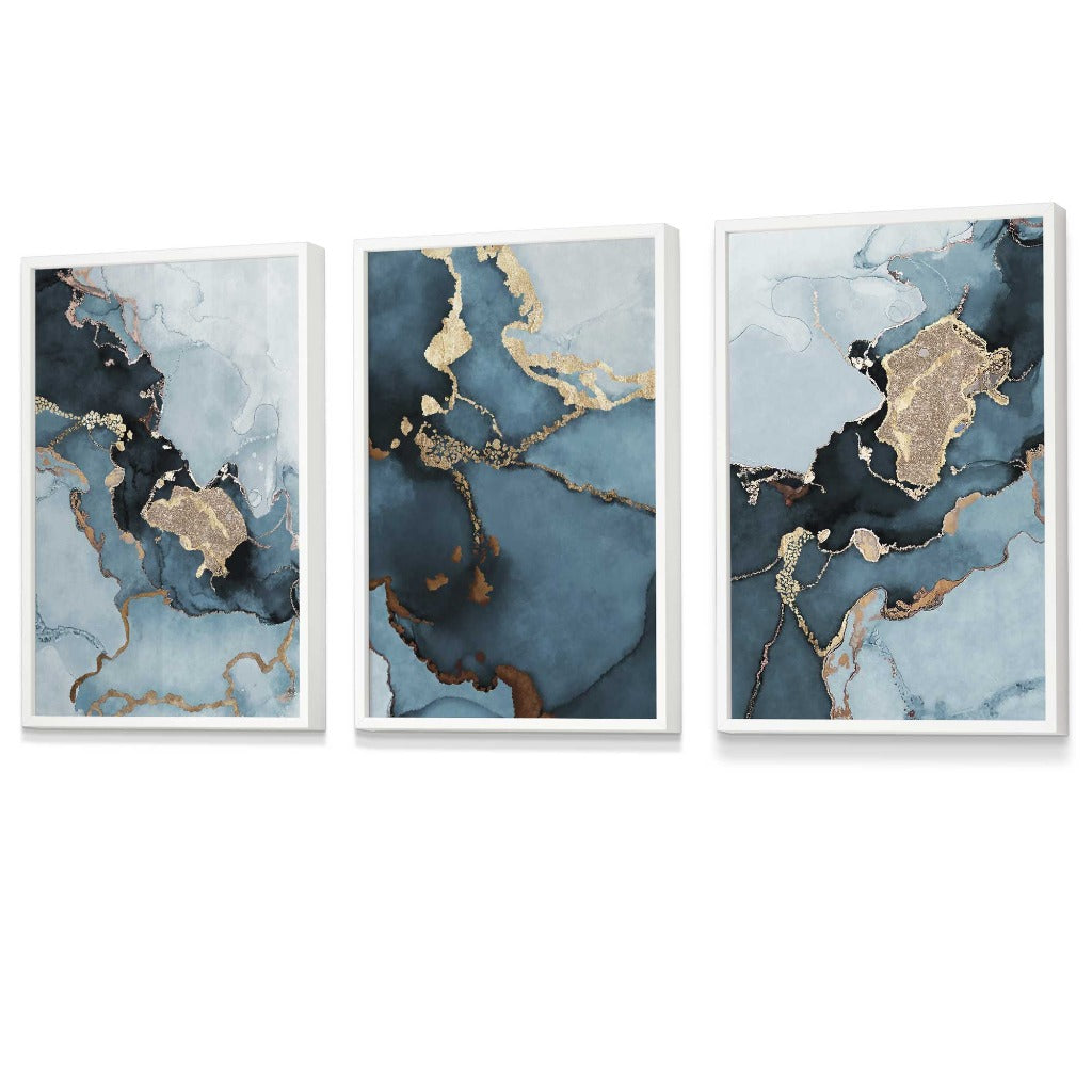 Teal and Gold Abstract Marble Wall Art prints with White Frames
