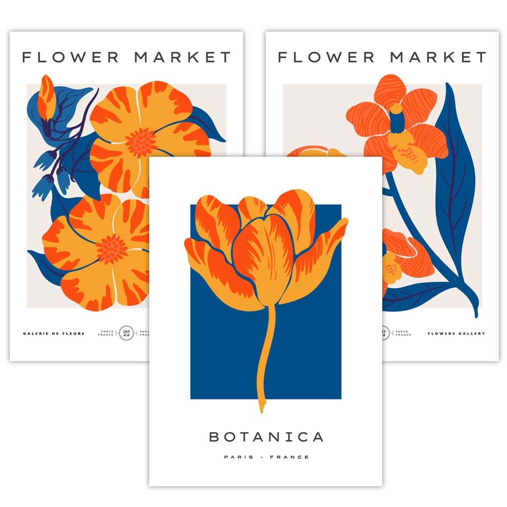 Set of 3 Vintage Exhibition Blue & Orange Botanical Flower Market Posters