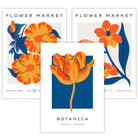 Set of 3 Vintage Exhibition Blue & Orange Botanical Flower Market Posters