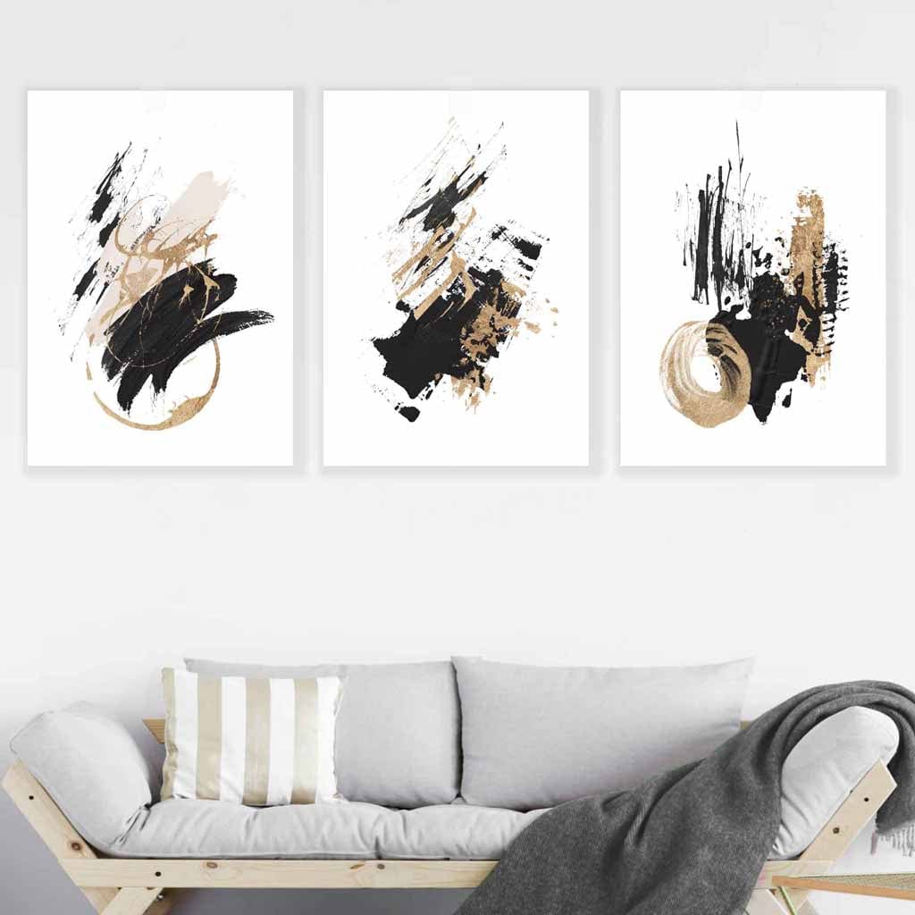 Set of 3 Abstract Wall Art Prints from Oil Paintings Black and Gold