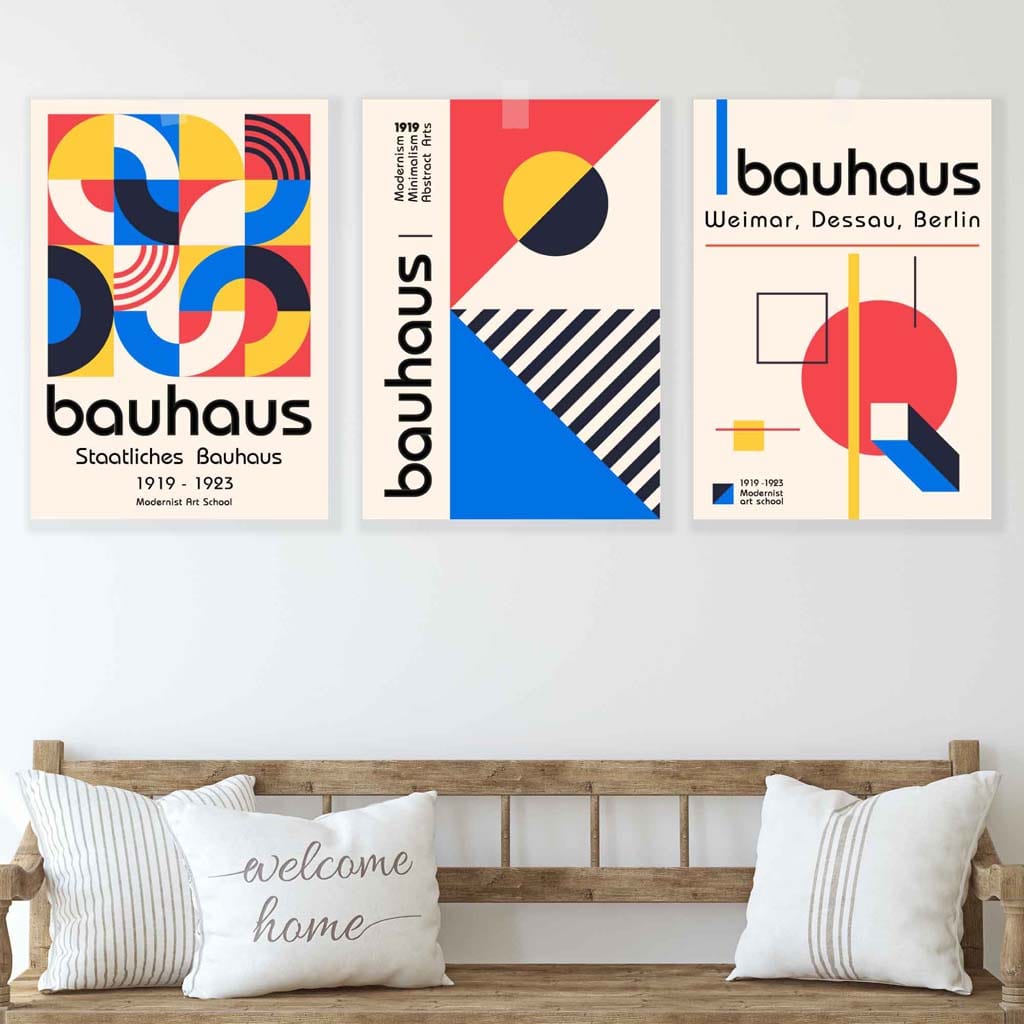 Bauhaus Red Blue & Yellow Geometric Set of 3 Wall Art Prints