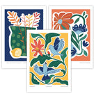 Set of 3 Artisan Floral Posters in Bright Blue, Green and Yellow