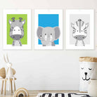 Set of 3 Nursery Sketch Jungle Animals Prints in Bright Blue & Green