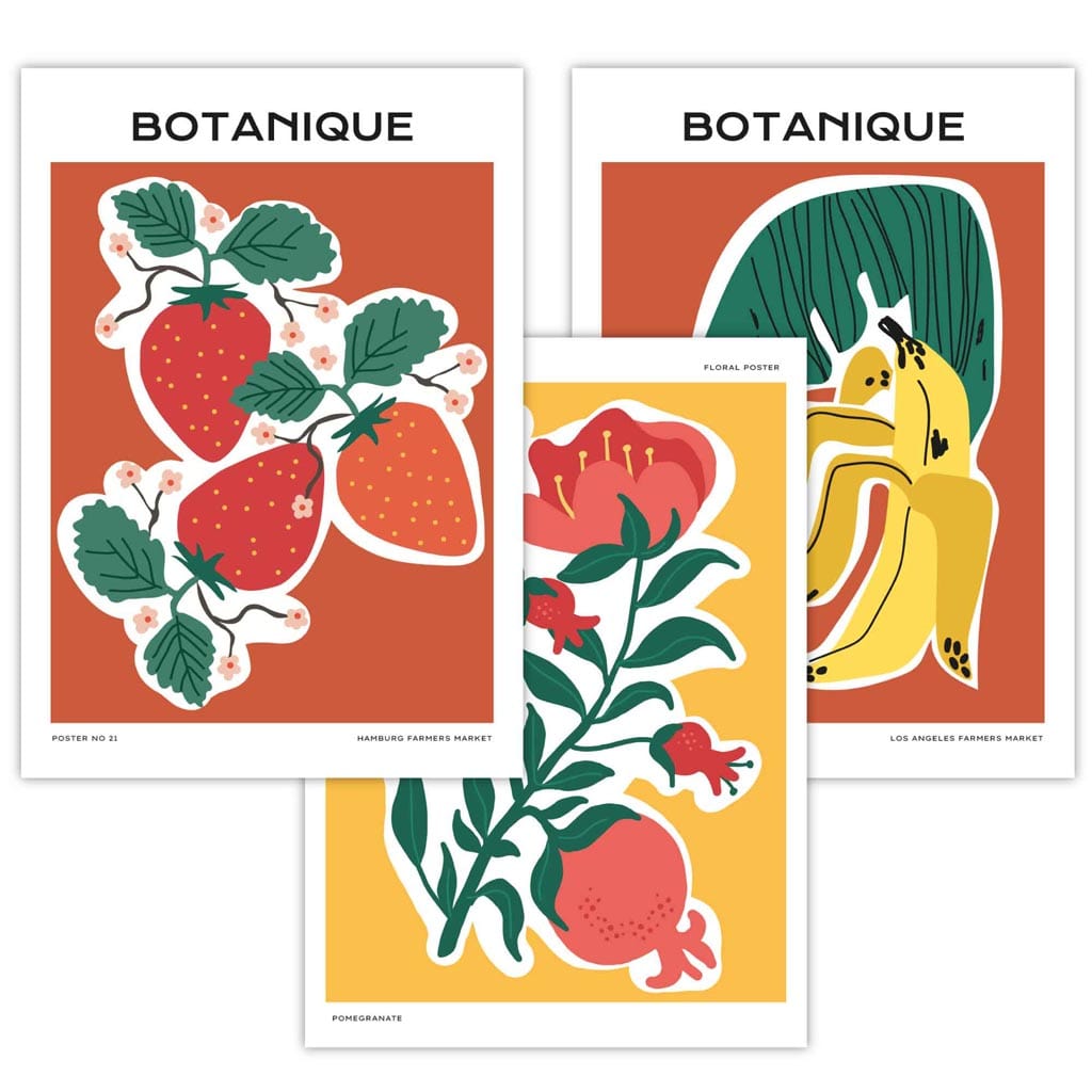 Set of 3 Artisan Fruit Posters in Red Green Yellow