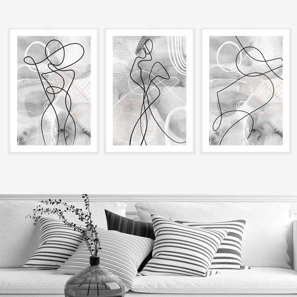Abstract Set of 3 Fashion Line Art Wall Art Prints in Black & Grey