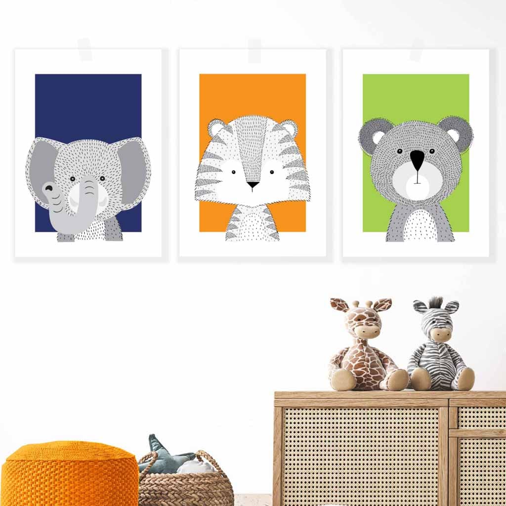 Set of 3 Nursery Scandinavian Sketch Jungle Animals Prints / Framed in Orange Blue Green | Artze Wall Art UK