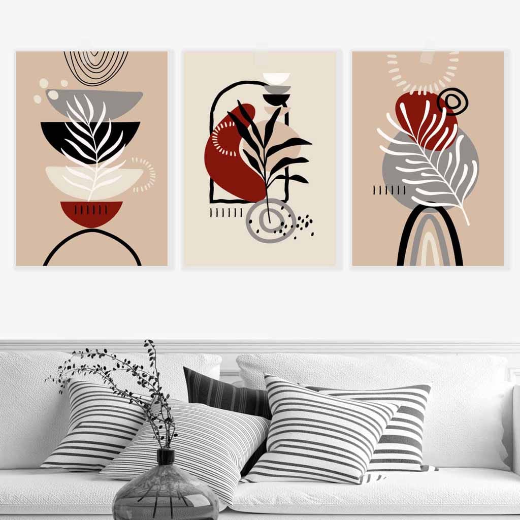 Boho Floral Set of 3 Wall Art Prints in Black Beige Red and Grey