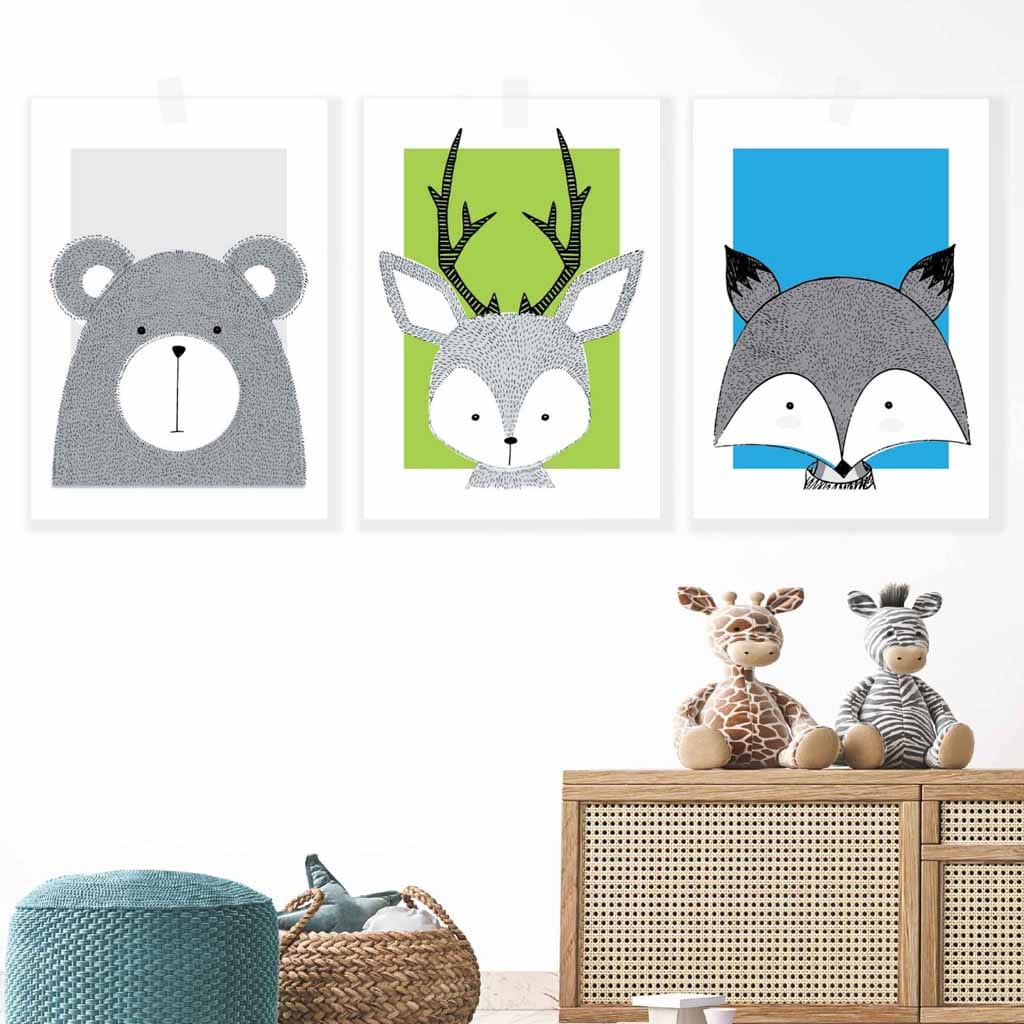 Set of 3 Nursery Sketch Forest Animals Prints in Bright Blue & Green