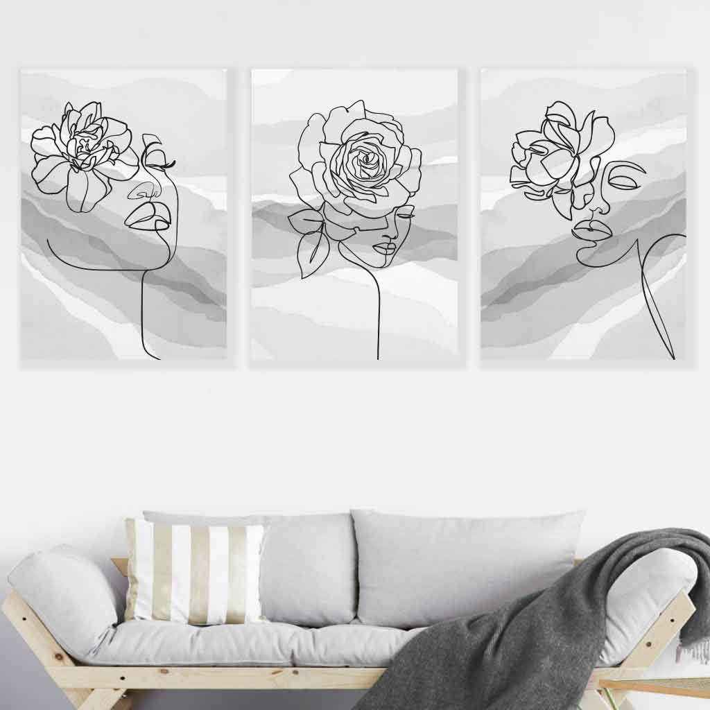 Set of 3 Line Art Floral Faces on Grey Watercolour Art Posters