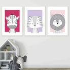 Set of 3 Nursery Scandinavian Sketch Jungle Animals Prints in Pinks and Lilac